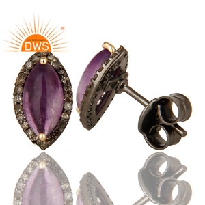 Prong <b>Set</b> Amethyst Diamond <b>Set</b> <b>Earrings</b> Black Oxidized 925 <b>Silver</b> and 14k Solid Gold <b>Stud</b> <b>Earrings</b> Jewelry Supplier - Product Image 3