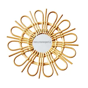 Unique Handcrafted Rattan Frame Decorative Mirror For Home Room Hotel Luxury Sunflower Design Mirror Living Room Wall Mirror