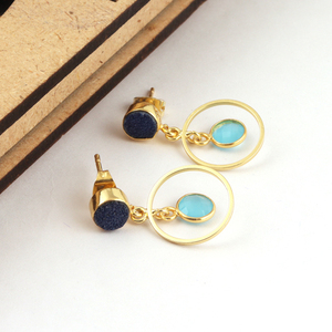 OT sell-pendientes colgantes de Calcedonia azul cielo y azúcar azul druzy, aretes de gota chapados en oro de alta calidad - Product Image 3