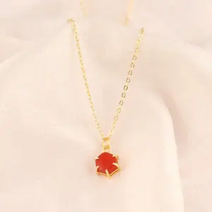 Popular fashion orange chalcedony hexagon shape chain necklace brass gold plated prong setting pendant chain adjustable necklace