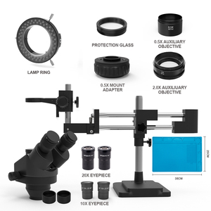 Microscopio Estéreo Trinocular con Zoom Continuo de Enfoque Sincrónico de Brazo Doble de 3.5-180X para Reparación de Joyería - Product Image 1