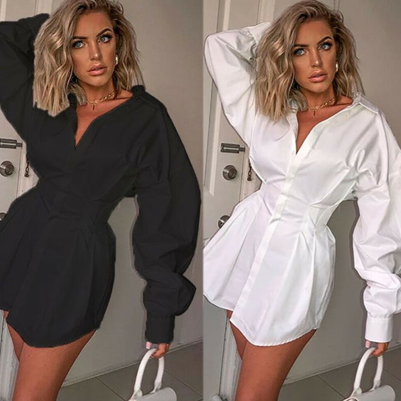 Женское офисное платье-рубашка с длинным рукавом и глубоким V-образным вырезом