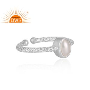 Oval Cut Natural White Pearl Gemstone Adjustable Silver Ring Hand Hammered Textured Design Sterling Silver Ring Jewelry Supplier - Product Image 3