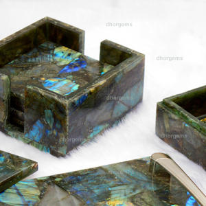 Juego de Posavasos y Bandeja de Labradorita |   Posavasos de Cristal Natural Tallado, Bandeja Espejo, Joyero, Posavasos para Coche, Decoración del Hogar - Product Image 3