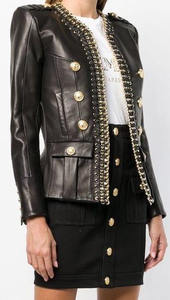 2022 New Look <b>Women</b> Genuine Leather Jackets Fashioned With Custom Style High Quality Metal Studs Chains Accessories - Product Image 6