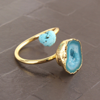 Nouvelle bague pour femme élégante et tendance en turquoise naturelle et géode bleu ciel, plaquée or 24 carats, réglable, double pierre, faite à la main