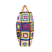 Sac fourre-tout en coton crocheté à la main, motif géométrique coloré, grand sac à bandoulière pour femme, deux poignées en bambou, doublure en jute, logo personnalisé