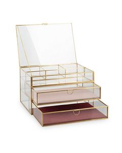 Glass Jewelry Organizer with Gold Frame and Two Drawers for Storage and Display - Product Image 1