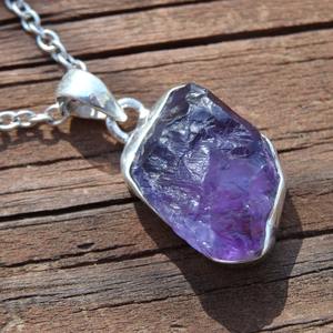 February <b>Birthstone</b> 92.5 Sterling <b>Silver</b> 18\" Long Link Chain <b>Necklace</b> Natural Amethyst Rough Gemstone Women's Jewelry-for Gifts - Product Image 5