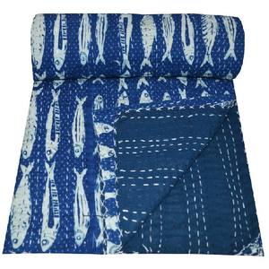 New Hand Block Fish Print Bedspread Handmade Kantha Quit <b>Blankets</b> & Throws Quilts Set for Living Room Bedroom Guest Room Decor - Product Image 6