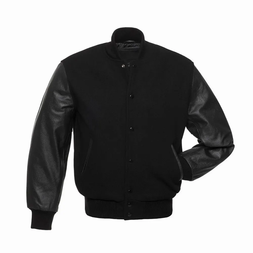 Wholesale Varsity Jackets For Mans Leather Sleeves Stand Collar Covered button Black Color Winter Jackets For Men's