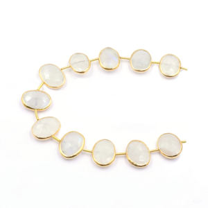 Rainbow Moonstone Oval Shape <b>Silver</b> Bezel Gold Plated Center Drilled 11 <b>Beads</b> Strand - Product Image 2