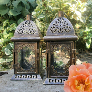 Juego de 2 linternas de Metal de estilo marroquí para boda, centro de mesa, portavelas Vintage de bronce - Product Image 1