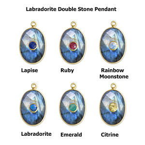Labradorite and Emerald Double Gemstone Charms Pendants - 8x12mm Oval Gold Vermeil Bezel Set Gemstone Pendant - Product Image 2