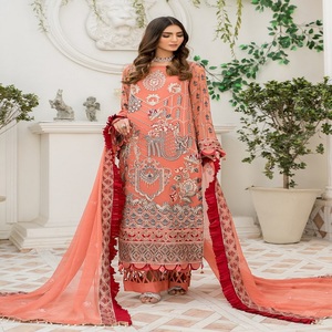 Haute qualité en mousseline de soie brodée fine Shalwar Kameez costumes vêtements de fête pour femmes Style indien et pakistanais pour adultes - Product Image 1