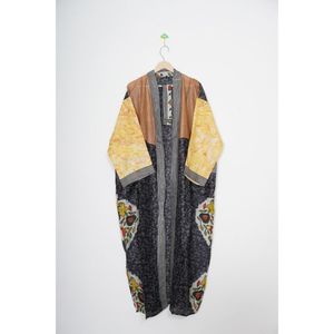 ชุดคลุมยาวผ้าไหมแท้สำหรับผู้หญิง ชุดนอนทำมือสไตล์อินเดีย ชุดเดรสยาวแบบกิโมโน ระบายอากาศได้ดี เหมาะสำหรับฤดูใบไม้ผลิ ฤดูร้อน ฤดูใบไม้ร่วง ลายปะติด คอวี ของขวัญ - Product Image 2