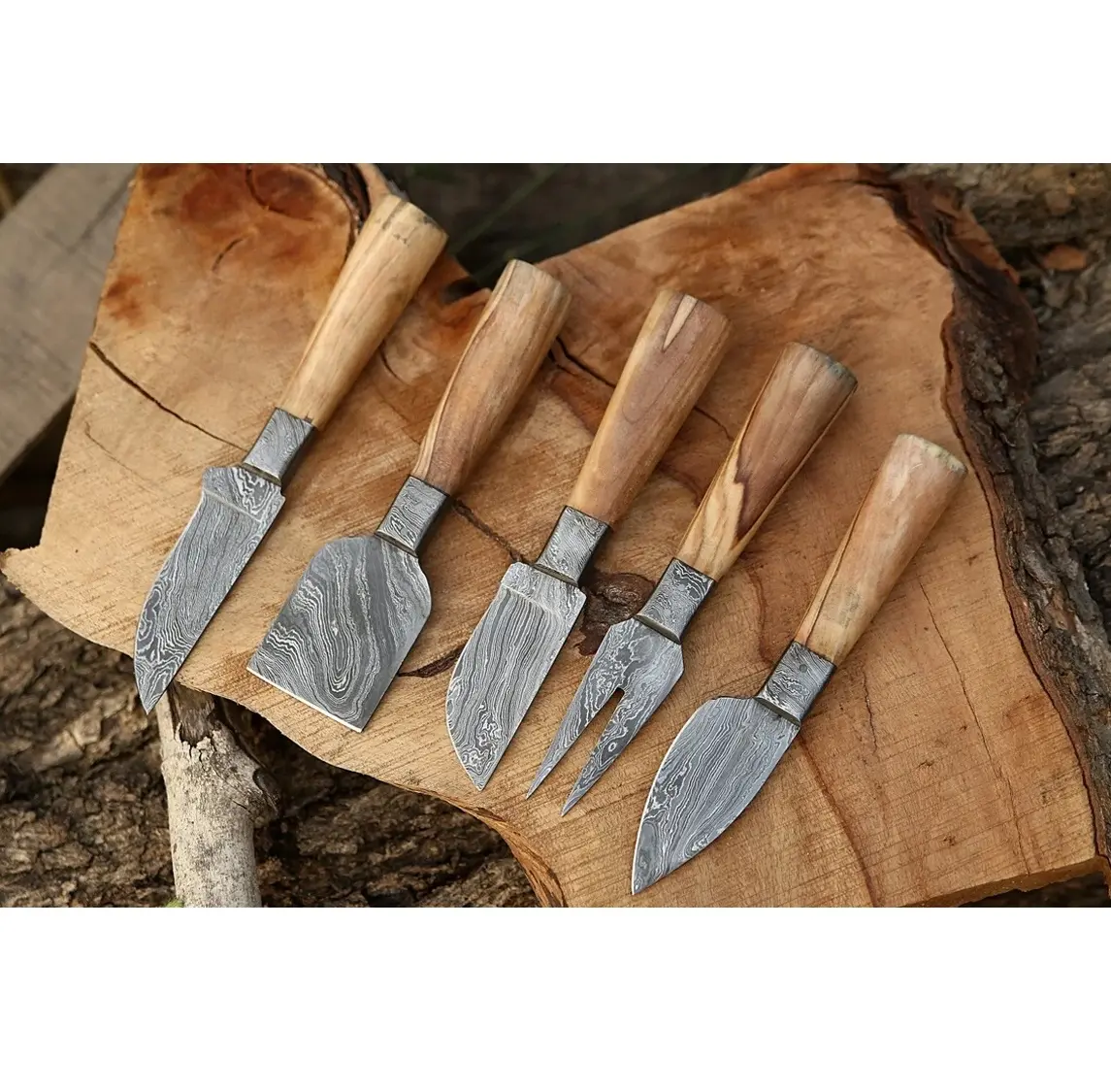 Custom Made Damascus Steak Mes Set Van 5 Pcs Met Olijf Houten Handvat Chees Mes