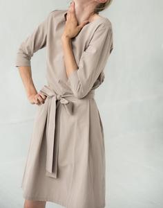 Robe fourreau formelle col rond manches trois-quarts longueur midi avec ceinture couleur unie en tissu tissé respirant 100 % polyester pour l'été et le quotidien - Product Image 3