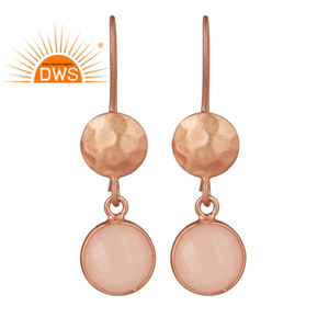 Rose Chalcedony Gemstone Earrings Wholesale Rose Gold Plated Hammered Silver Bezel Set Drop Earrings Jewelry - Product Image 1