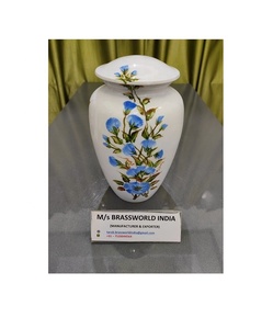 <b>Large</b> Aluminum <b>Urn</b> Container Hand Painted White with Brassworld India Logo Funeral Supplies for Men and Women - Product Image 1