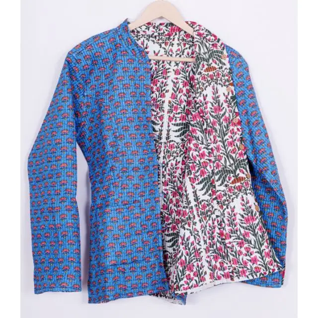 Indian Reversible Floral Design Kantha Jacket Quilted Short Women's Wear Coat Handmade Cotton Jacket Party Wear Jacket