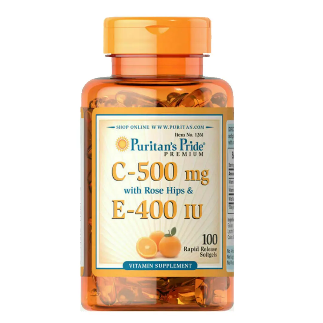 סיטונאי הפוריטנית של גאווה C 500 mg & E 400 IU עם עלה ירכיים-100 כמוסות Boost חיסונית לב וכלי דם מערכת תוצרת ארה"ב