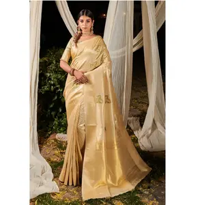 Indian Women Wear Soft Kasturi Linen Silk Zari Woven Color Shaded Leaves all over Zari Weaving Saree