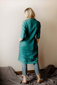 Nouvelle arrivée, robe en lin mi-longue à col rabattu et manches courtes, tendance, dernier design, couleur menthe, tissu crêpe - Product Image 3