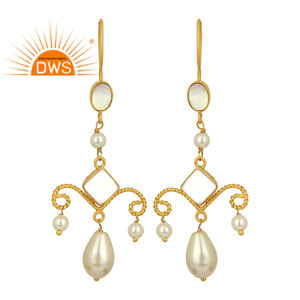 Boucles d'oreilles pendantes en perles naturelles indiennes, plaquées or jaune, en argent sterling 925, collection classique de bijoux, vente en gros - Product Image 1