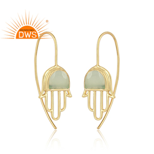 Hamsa Hand Design 925 Silver Gold Plated Hook <b>Dangle</b> <b>Earrings</b> Prehnite Chalcedony Gemstone <b>Earrings</b> Wholesale Jewelry - Product Image 2