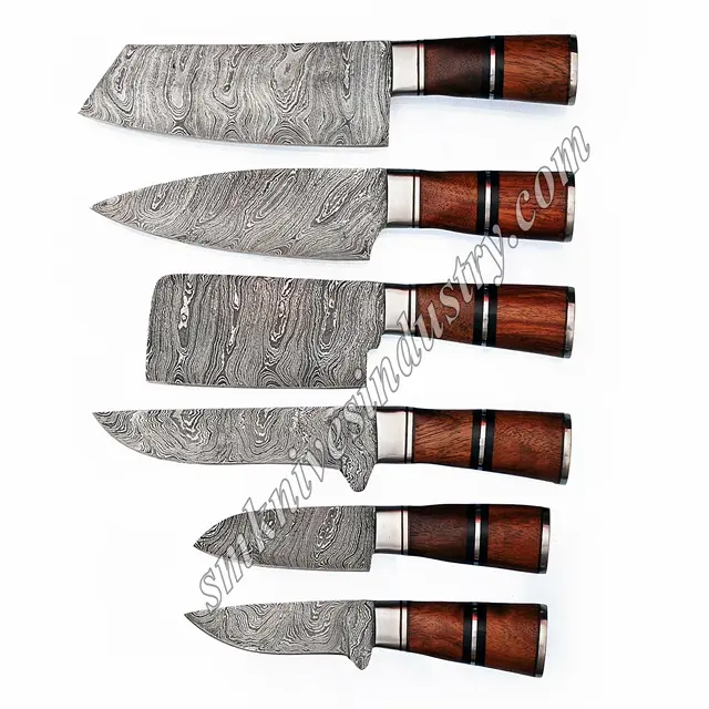 اليد التي قدمت دمشق جولة مقبض 6 قطع سكاكين المطبخ مجموعة مع جلد كيت (Smk1050)