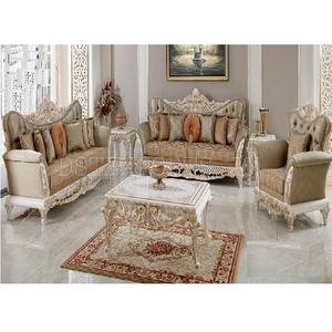 Ensemble de canapés 5 places en teck de style roumain, ensemble de meubles de salon de style persan de luxe, finition blanc argenté, ensemble de salon - Product Image 1