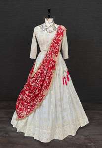 Indian Traditional <b>White</b> Color Georgette Lehenga Choli With Sequence Thread Embroidery Work & Heavy Hand Made Tassels - Product Image 2