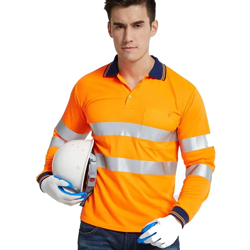 निर्माण कपड़े लंबी बांह की कमीज दो टोन नारंगी चिंतनशील धारियों के साथ सुरक्षा पोलो शर्ट