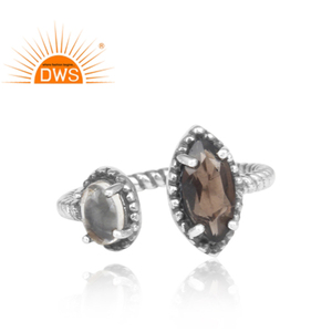 Cristal Quartz Fumé Gemme Argent Sterling Oxydé Face Bague Bijoux Fabricant Collection Classique - Product Image 2