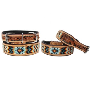 ที่มีคุณภาพสูงสุดที่ทำด้วยมือนุ่มเบาะหนังปลอกคอสุนัขที่มีมือแกะสลักและลูกปัดผู้ผลิตการออกแบบ - Product Image 1