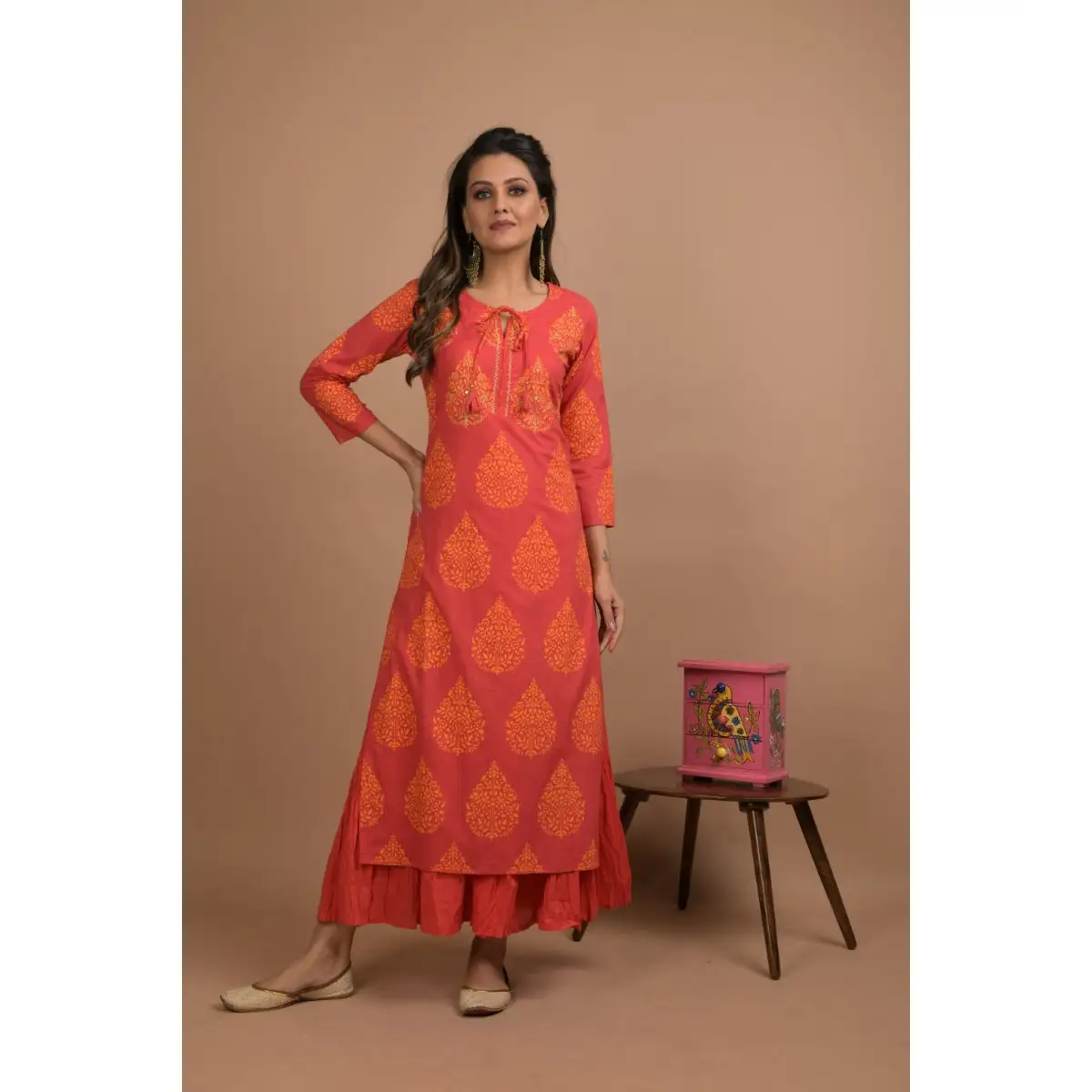 Bộ Kurti In Màu Đỏ Bên Trong-Nhà Thiết Kế Ấn Độ Cotton Kurti-Tay Thủ Công Kurti Truyền Thống-Váy Cưới Boho-