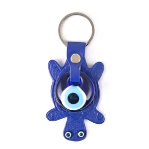 Caretta - Turtle Shaped Evil Eye Beaded Imitation Leather Key Chain From Turkey