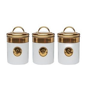 Metal Galvanized Set of 3 Canister Coffee Tea Sugar Food Storage <b>Container</b> Jare Crock with Metal <b>Bamboo</b> Lid - Product Image 5