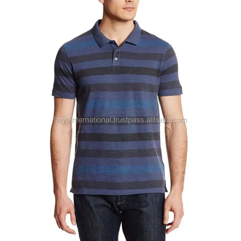 Hot sale promotional offer dark blue with black stripes design HIPS04 100% cotton golf polo shirt