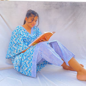 Personalized Printed Indian Cotton Hand Block Print Short <b>Kaftan</b> Pajamas Set Night Sleep Women Wear <b>Dress</b> in Ethnic styling set - Product Image 2