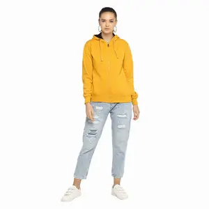 Women's fleece side pockets zipper hoodies /yellow color fancy drawstring hood for girls oversized