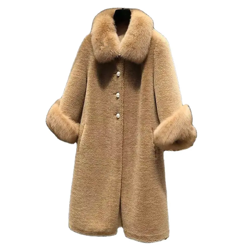 Herbst Luxus gefälschte Fox Pelz kragen Frauen Jacke Echte Wolle Pelz mäntel Lange warme Schaf Shear ling Wintermantel Jacke