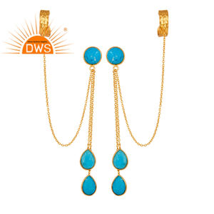 Boucles d'oreilles manchette d'oreille longue chaîne en argent sterling 925 plaqué or 14 carats avec pierre de culture turquoise Fournisseur de bijoux Collection classique - Product Image 1
