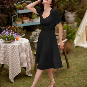 Vestido midi holgado personalizado vintage con abertura frontal, mangas abullonadas, escote corazón, elegante vestido estampado floral para mujer - Product Image 4
