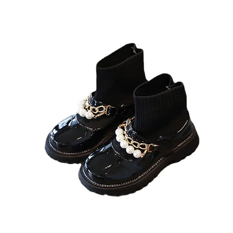 Fashion shoelace free warm kids winter boots With pearl chains girls leather boots for outdoor play