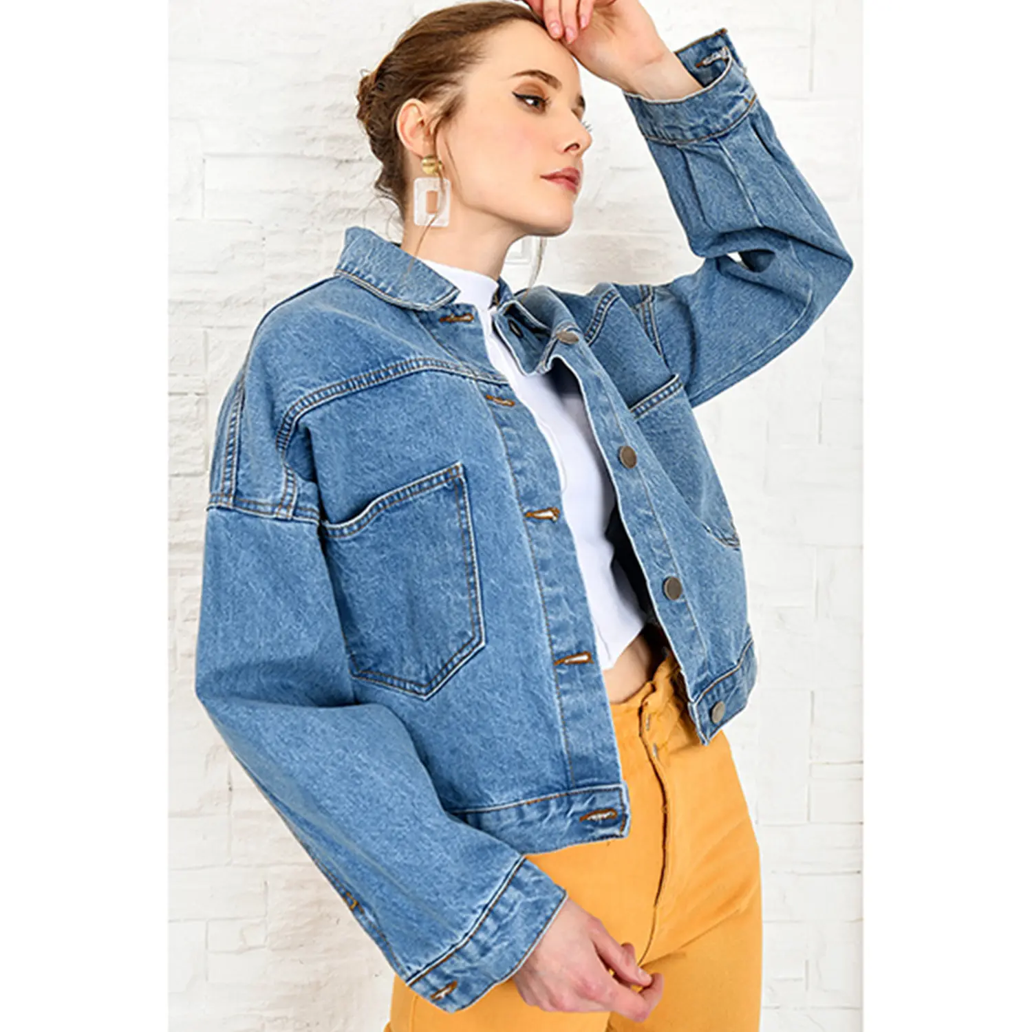 Stylish and Modern %100 Cotton Women's Denim Jackets and Women Blue Crop Denim Jacket S-M-L-XL