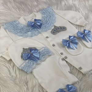 3 Pieces Blue Lace White Romper Set Baby <b>Clothes</b> Newborn Girls Long Sleeve Bamboo Bubble New Design Wholesale Custom Modern - Product Image 3