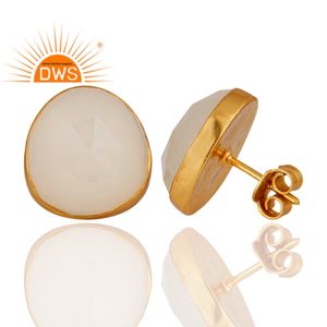 White Moonstone Gemstone <b>Stud</b> Earring Designer Gold Plated 925 Sterling <b>Silver</b> <b>Stud</b> Earring Jewelry Supplier - Product Image 2