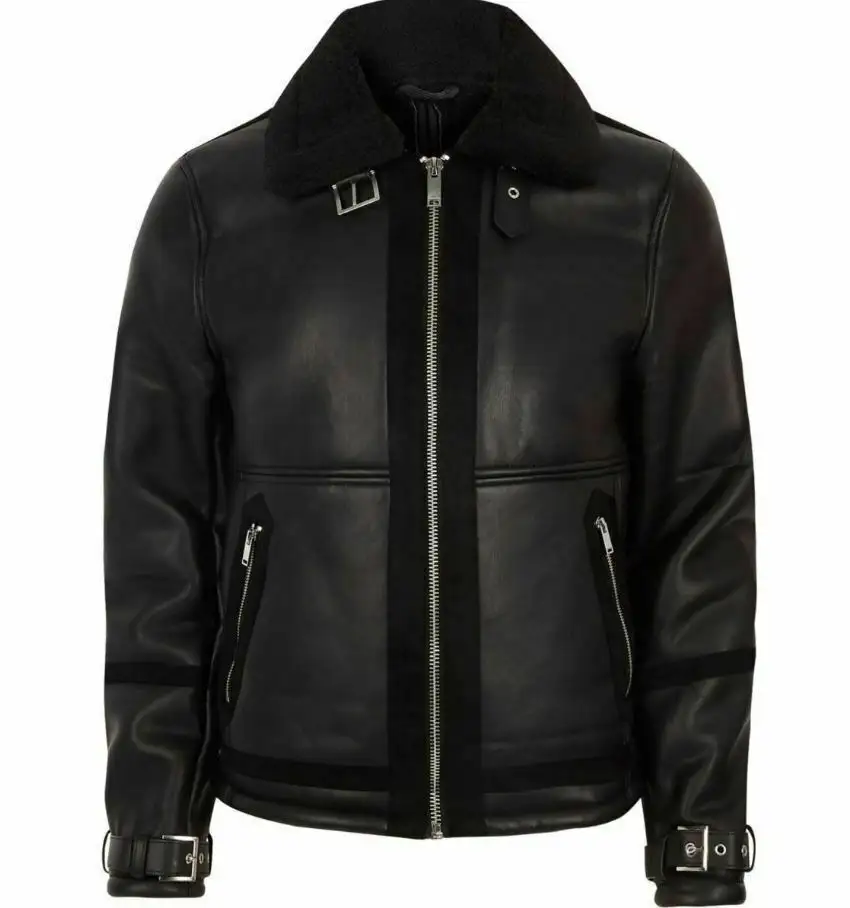 Men Dunkirk Black Brown Shearling Fur Flight Aviator Bomber Biker Leather Jacket - Wholesale Price